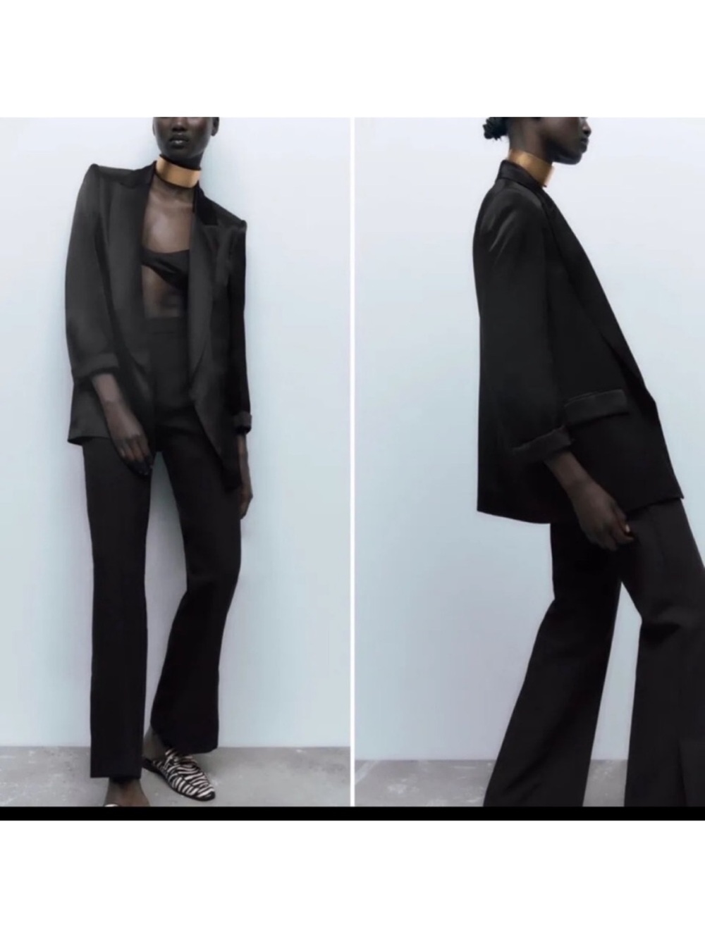 ZARA BLACK TURNED-UP CUFF SATIN EFFECT BLAZER - Picture 9 of 13